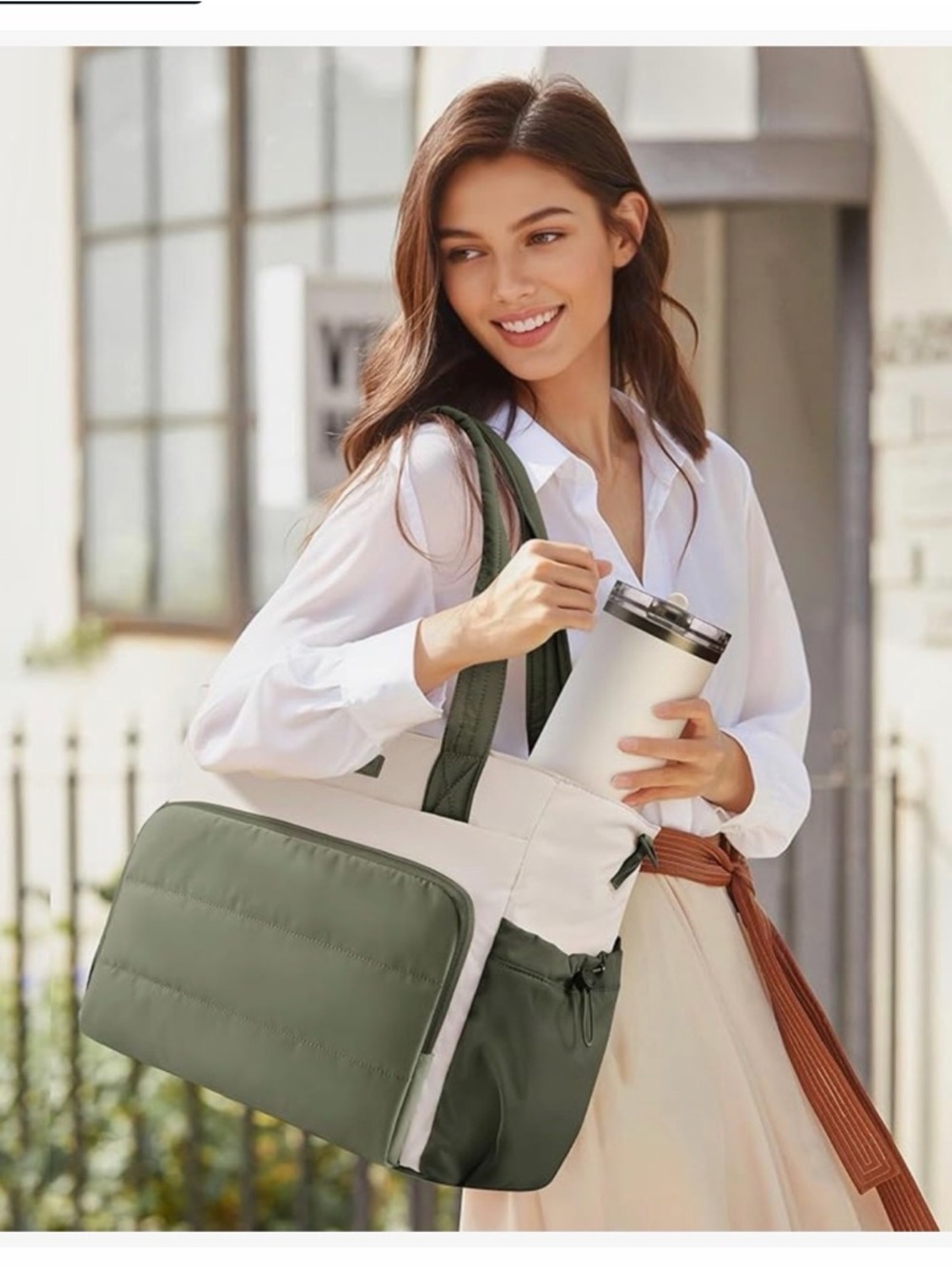 Versatile Olive & Cream Everyday Tote with Removable Pouch - Picture 2 of 7